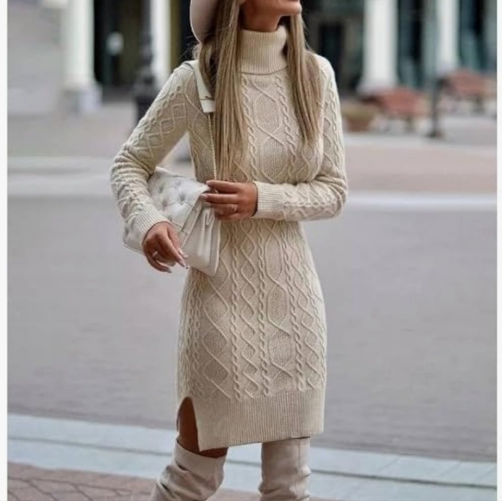 Cream Twist Knitted Cable Turtle Neck Midi Sweater Dress- Size S EUC